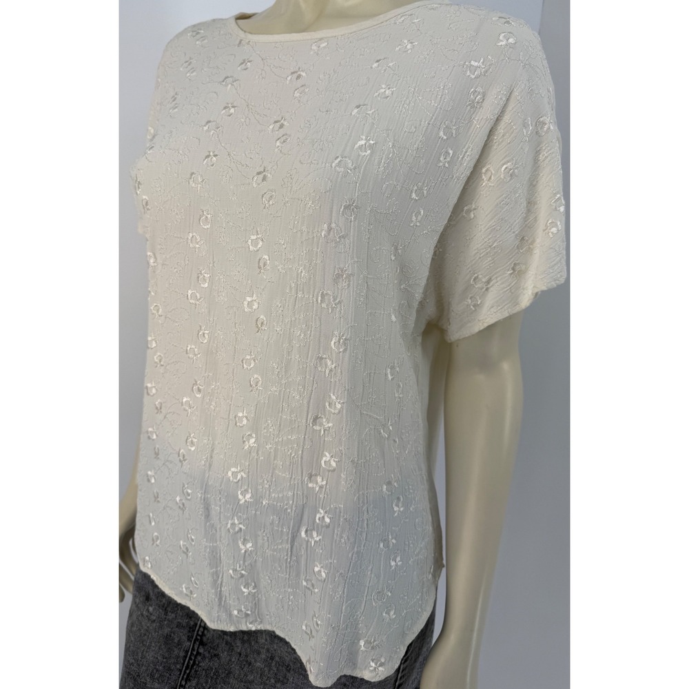 Pappagallo Womens Vintage Cream Floral Embroidered Short Sleeve Blouse Size 12